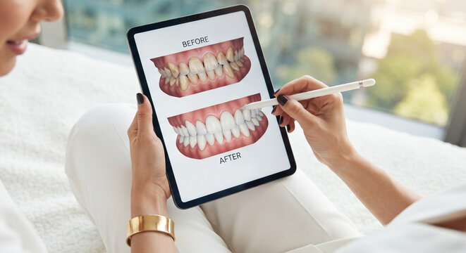 Woman Holding Digital Tablet Showing Before and After Dental Treatment Results