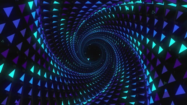Abstract digital vortex vj loop made of twisting lattice segments, spiral triangle arrays and complex data structures, creating deep astrophysics science background.