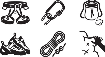 Fototapeta premium Rock climbing equipment icons set, professional mountaineering gear vector illustrations, bouldering and alpinism tools collection isolated on Transparent Background