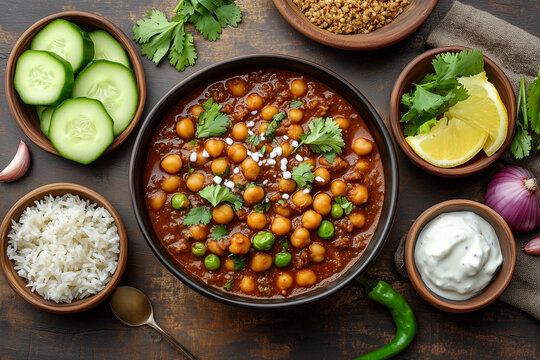 Spicy chole with jeera rice and salad overhead