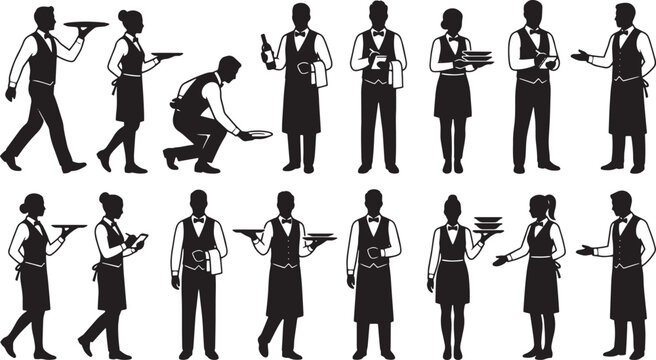Professional waiter and waitress silhouettes, restaurant staff icons set, catering service workers in formal uniform, hospitality industry vector collection isolated on Transparent Background