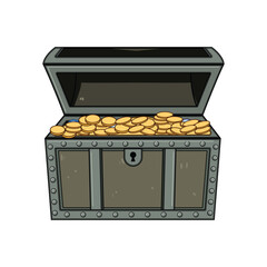 Isolated illustration of an old wooden and metal treasure chest overflowing with many gleaming gold coins, symbolizing wealth, prosperity, and the excitement of discovery © PikePicture