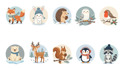 Obraz premium Winter forest animals illustrated in cartoon style with snow and trees in background circles