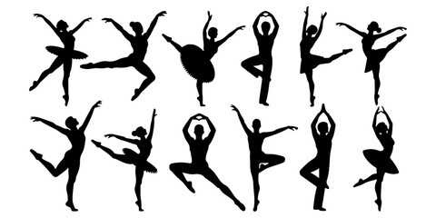 Ballet dancer silhouette collection with elegant poses Dance performance silhouettes isolated on white Black ballet pose vector set for artistic projects © MSTROUJATOUS