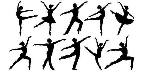 Ballet dancer silhouette collection with elegant poses Dance performance silhouettes isolated on white Black ballet pose vector set for artistic projects © MSTROUJATOUS