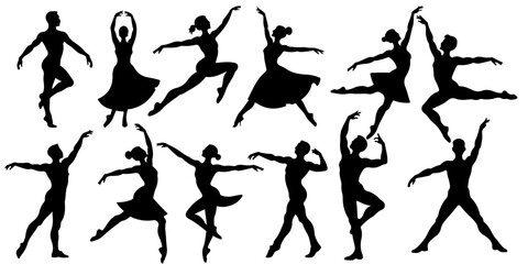 Ballet dancer silhouette collection with elegant poses Dance performance silhouettes isolated on white Black ballet pose vector set for artistic projects © MSTROUJATOUS