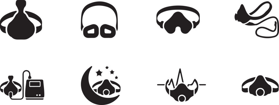 Minimalist black silhouette icon set of a sleep apnea mask . simple black flat vector style for medical and fitness icons concept. square type Bundle