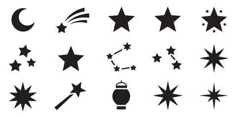 Collection of star shapes, moon, shooting star, constellation, magic wand, and lantern icons on white background. © Md