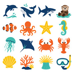 Obraz premium Ocean Marine Life Creatures Flat Icons