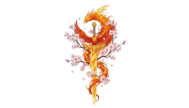 Fiery Phoenix Sword Surrounded by Cherry Blossoms