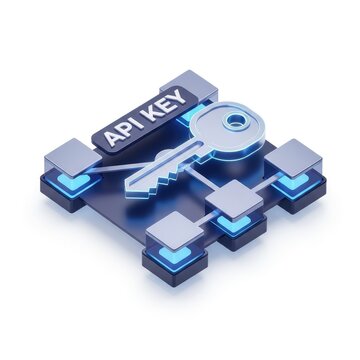 Isometric Api Key Illustration With Puzzle Pieces and Metallic Key on Dark Background