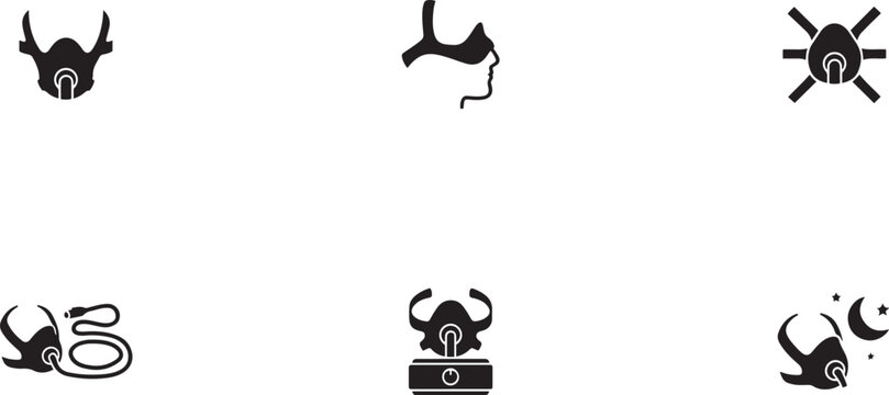 Minimalist black silhouette icon set of a sleep apnea mask . simple black flat vector style for medical and fitness icons concept. square type Bundle