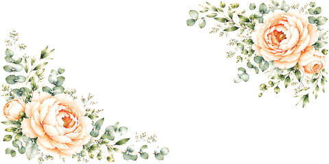 Peach roses and eucalyptus leaves watercolor floral arrangement on white background flowers rose peaches painting botanical blossom bloom bouquet branch decoration design element flora foliage © Happia