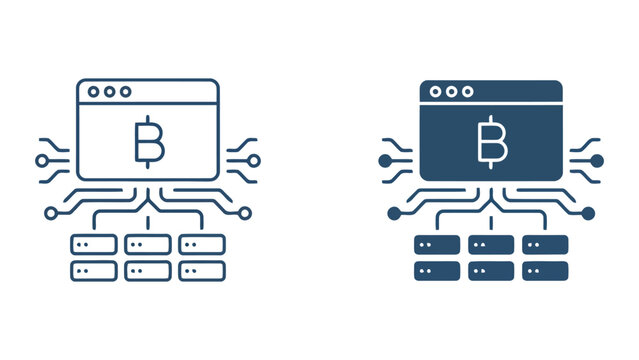 Web browser interface connected to decentralized database server clusters using bitcoin symbol representing blockchain ledger infrastructure for secure distributed cryptocurrency transaction storage