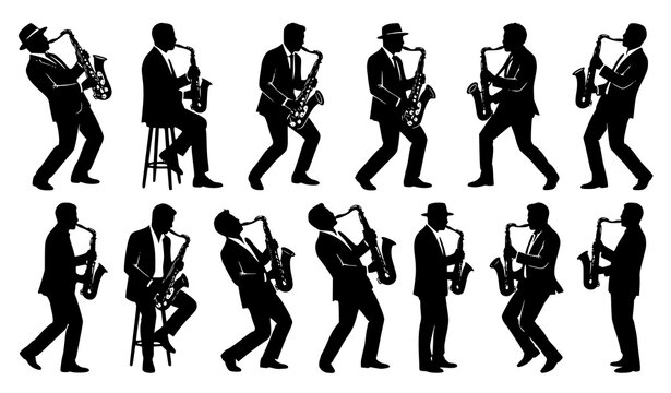 Black Jazzman Saxophone Silhouette Vector Set for Music and Concert Design