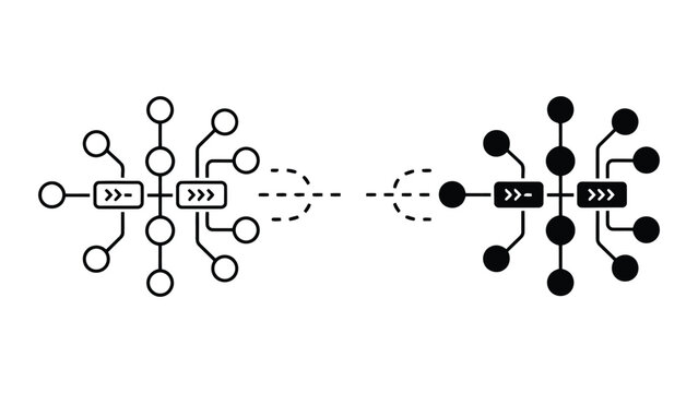 Data stream node network pipeline icons with processing blocks and directional flow arrows in minimalist black line and solid styles for system architecture and software development diagrams