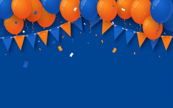Blue and orange balloons with triangular bunting flags and confetti on a dark blue background