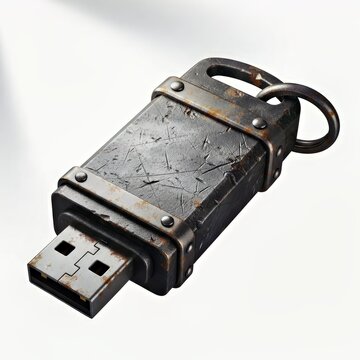 Rusty Metal Usb Flash Drive With Keyring Attachment on Plain Background