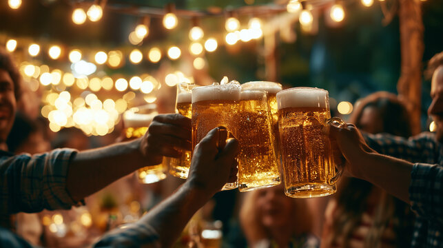 Close up of hands raising cold draft beer glasses under festive string lights, Generative AI