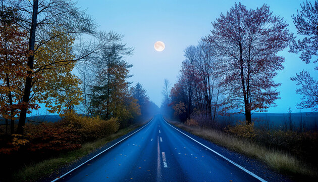 Empty Country Road Through Autumn Forest Under Full Moon at Blue Hour