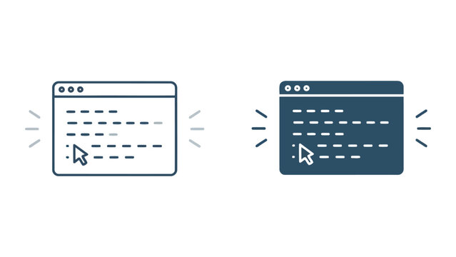 Web browser interface and code documentation icon set with mouse cursor for user experience design and software development concepts vector graphic illustration design