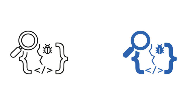 Software debugging and code analysis icon set featuring magnifying glass searching for bugs in programming syntax for developers and quality assurance testing platforms in vector style