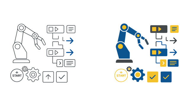Industrial robotic arm and workflow automation icon set with process flow chart and gear symbols for manufacturing and smart factory systems in a clean modern vector illustration design