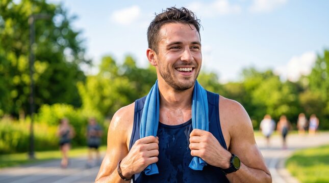 A man exercising outdoors with a cooling towel around his neck.