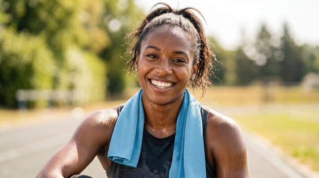 A woman exercising outdoors with a cooling towel around her neck