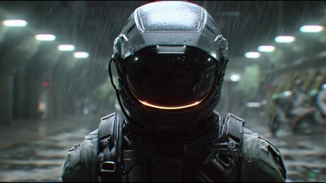 Futuristic soldier standing in heavy rain under industrial lights