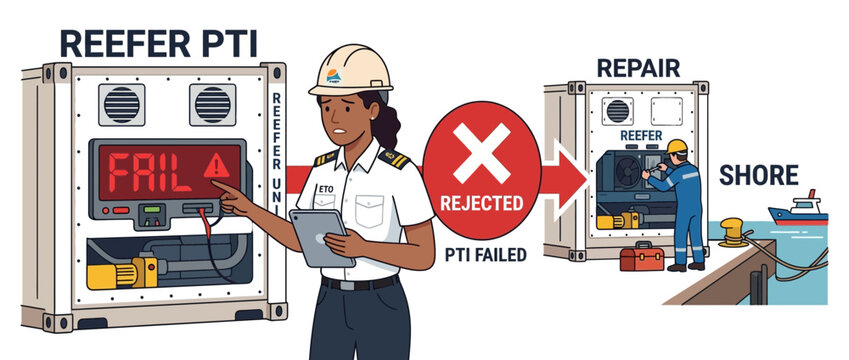 Reefer container PTI failure, inspection, rejection, and repair process at the shore