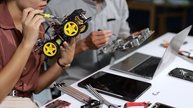 Engineering students collaborating on building a robot car in a STEM education technology workshop