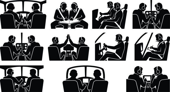 Airplane pilot silhouettes set working inside cockpit with instruments and headsets
