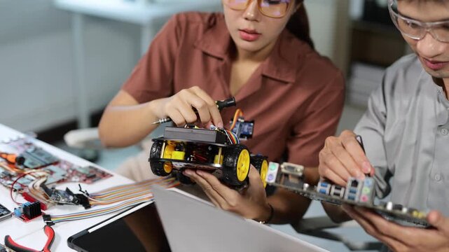 Engineering students collaborating on building a robot car for a university project in a modern technology laboratory