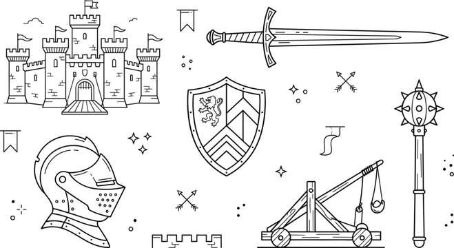 Medieval knight castle vector icon set with sword shield helmet catapult mace line art graphic design illustration