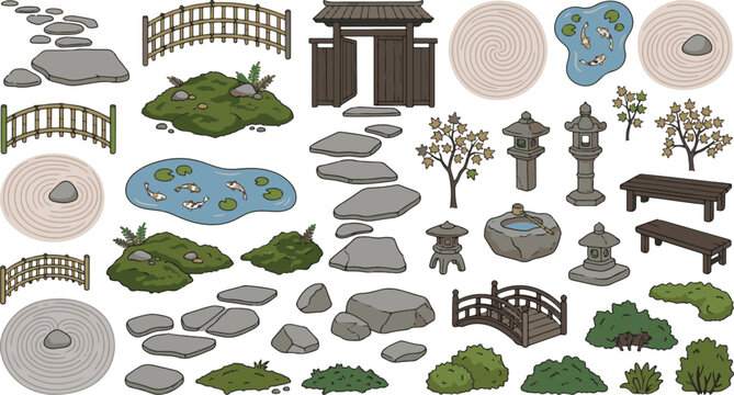 Japanese zen garden elements set with wooden bridge stone lanterns pond and tōrō gate vector