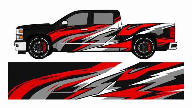 Red and black geometric racing truck wrap design.