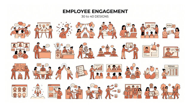 Comprehensive Employee Engagement Vector Illustration Collection Featuring Business Culture, Workplace Dynamics, Teamwork, Corporate Collaboration and Employee Experience Concepts