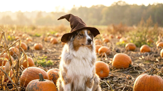 Border Collie Wearing Witch Hat Sitting in Pumpkin Patch During Halloween
