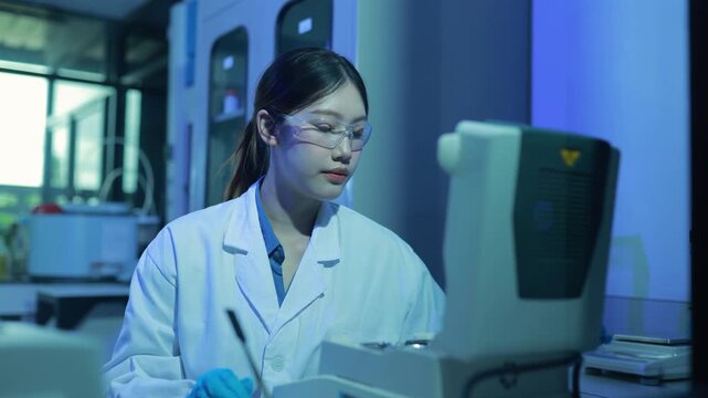 Asian scientist weighing chemical sample on precision digital scales in a modern blue lit laboratory for scientific research