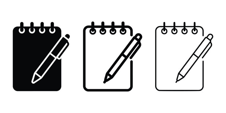 Notepad and pen icon silhouette vector, bold outline and line art isolated illustration