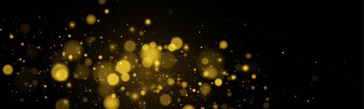 Glowing flying dust. Golden abstract bokeh on black background. Holiday vector concept. Abstract magical light effect with golden glares.