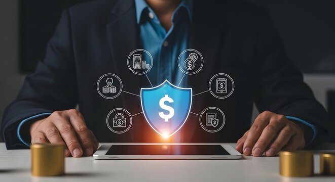 Holographic security concept with shield and dollar sign for financial protection