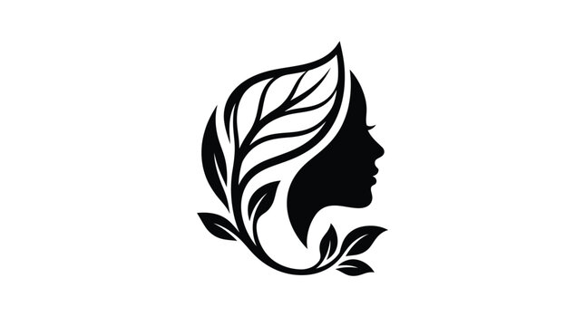 Woman profile silhouette with floral leaf hair vector illustration for beauty salon and organic cosmetic branding