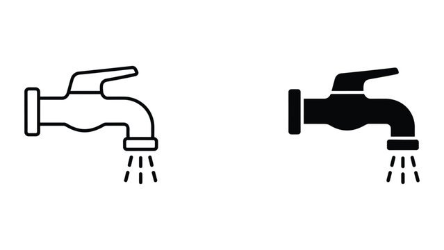 Professional Minimal Vector Icon Water faucet with dripping flow vector icon set Editable Stroke, Outline and Solid Style, Black Monochrome, Isolated on White Background