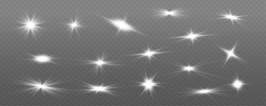 Shiny lens flash with radiant beams and white glow. Bright PNG star set glow creates soft lens flare beams outward. Vector illustration.
