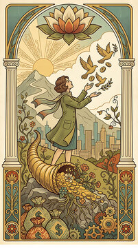 Vintage illuminated manuscript angel with harp and sun.