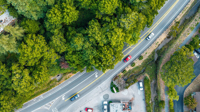 Drone aerial view of winding suburban road surrounded by green trees and moving cars. California, USA