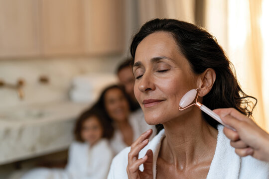 A gentle woman uses a facial roller in a beautifully crafted bathroom, embodying self-care and wellness while cherishing family moments in a warm and inviting space.