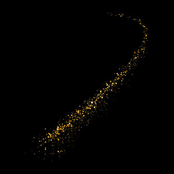 Radiant glitter sparks and soft magical dust. Abstract gold wave with bokeh particles on black background, glowing golden line and shiny dust trail. 